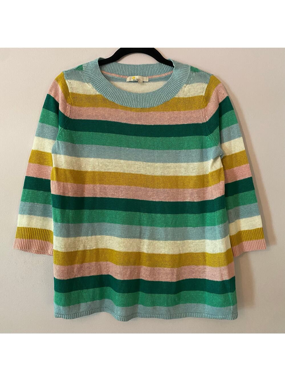 Boden Blue Green Yellow Stripe Knit Linen Lightweight Sweater 3/4 Sleeves size 2